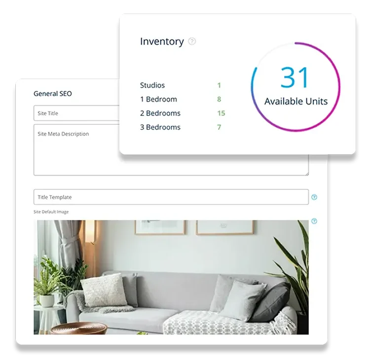 A user interface showing an inventory dashboard with a total of 31 available units displayed in a circular progress bar. Below, there is a section for general SEO settings including site title, meta description, title template, and a default image. The background features a modern living room setting with a gray sofa and decorative items.