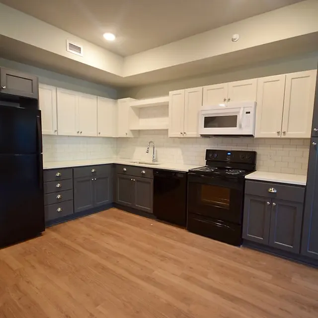 An interior view of a modern kitchen featuring dark cabinetry and light-colored upper cabinets, black refrigerator, and stainless steel appliances.