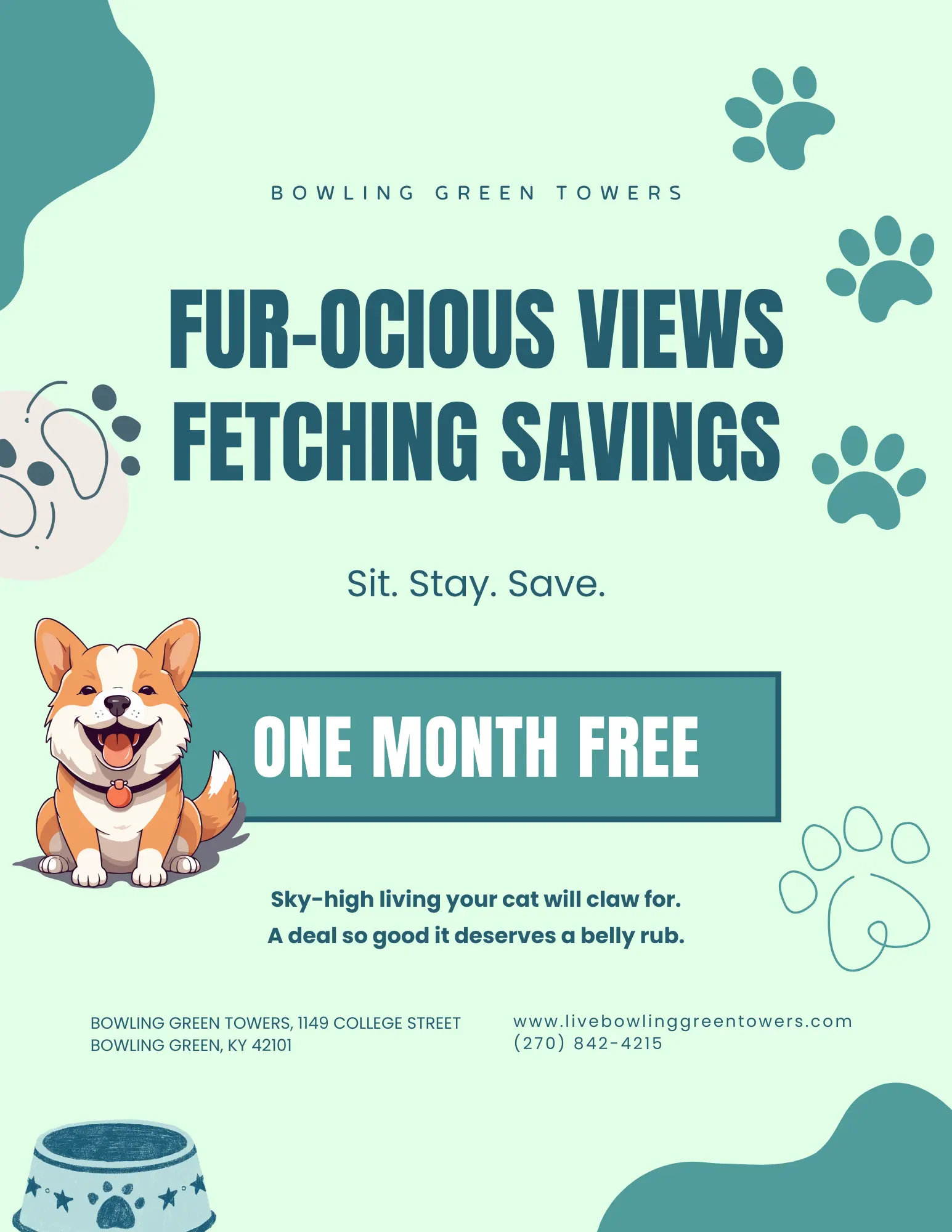 Promotional flyer for Bowling Green Towers featuring a playful corgi and pet-related graphics. It highlights a special offer for one month of free rent.