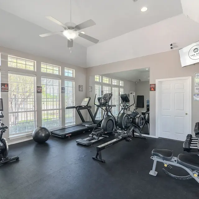 Interior of a gym featuring exercise equipment, large windows, and a ceiling fan.