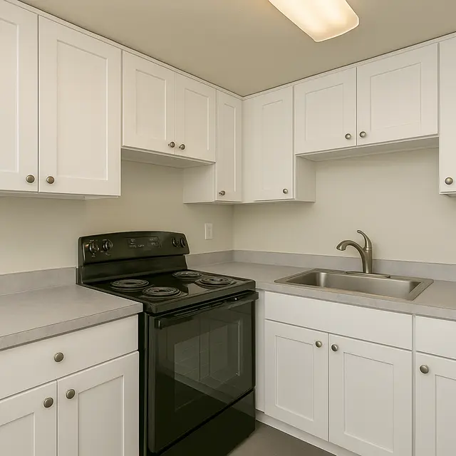Modern Kitchen Design A modern kitchen with white cabinetry and gray countertops. The kitchen features a black stove and a sink with a single faucet.