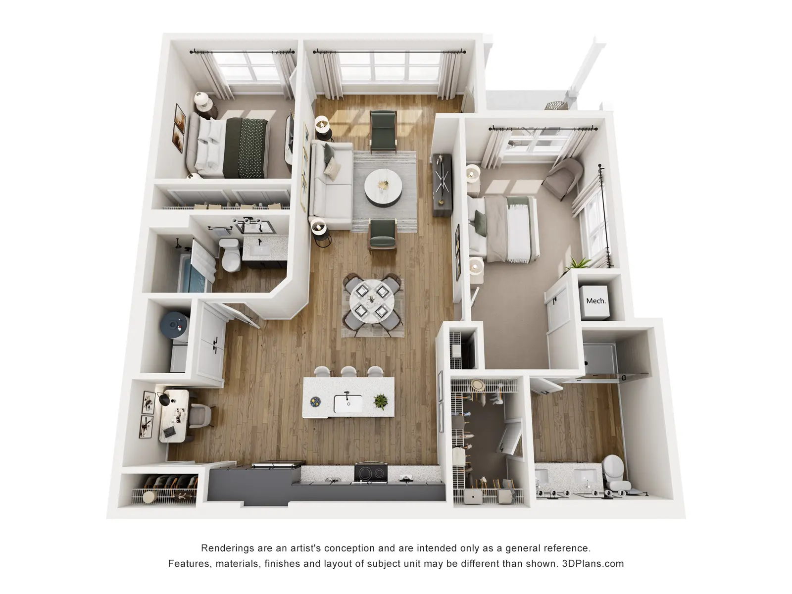 Aerial view of a modern apartment layout featuring a living area, kitchen, and multiple rooms.