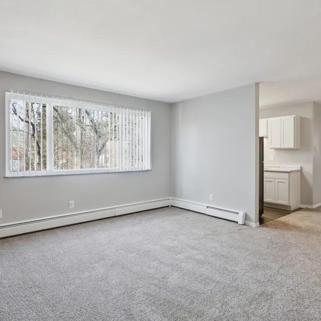 Spacious living room with light gray walls and carpet, featuring a large window with blinds and a brick accent wall. Part of a connected kitchen area is visible in the background.