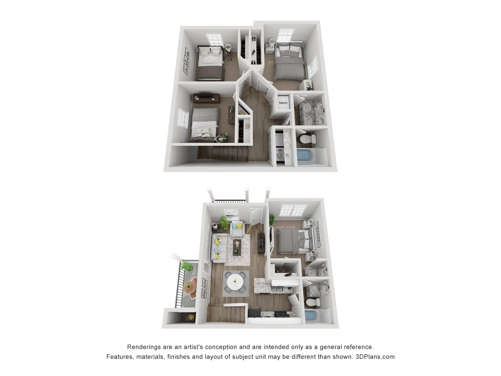 Apartment Floor Plan Layouts A detailed 3D rendering of an apartment floor plan showcasing two layouts with living areas, bedrooms, and kitchen spaces.