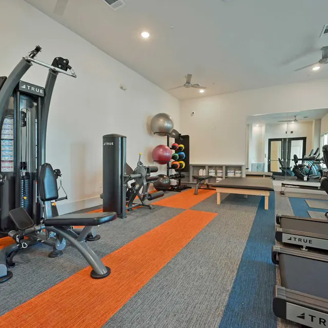 Interior of a modern gym featuring exercise equipment including weights, machines, and fitness balls, with blue and orange flooring.