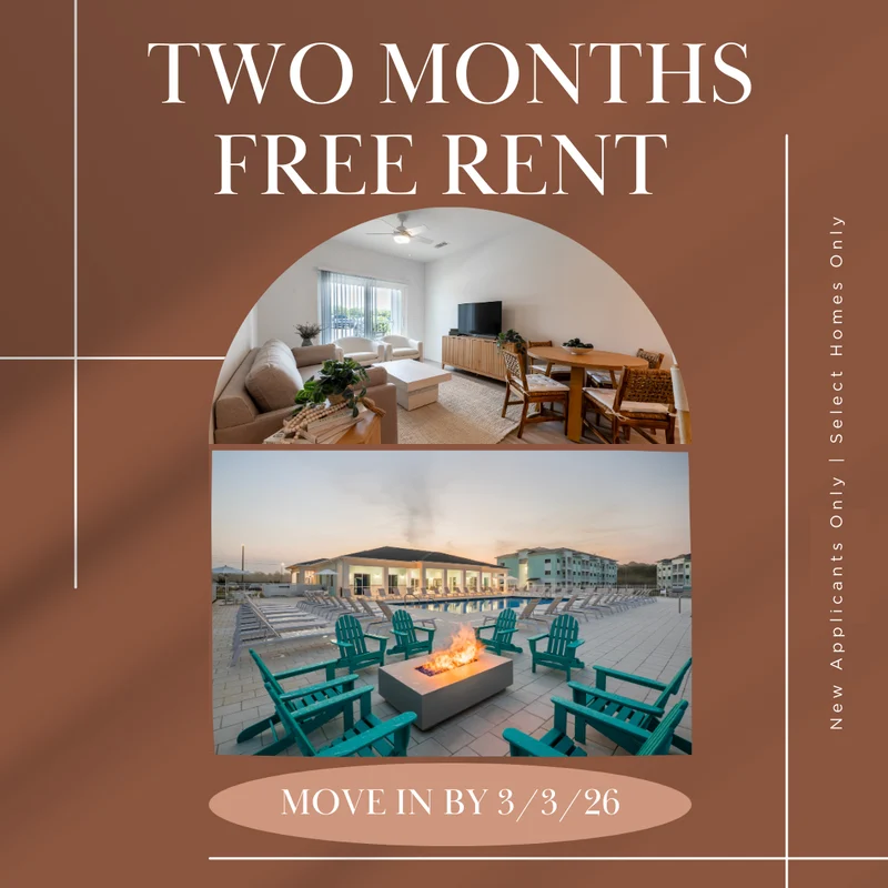 Promotional graphic for a rental offer featuring two months of free rent with interior and exterior photos of a housing unit and outdoor amenities.