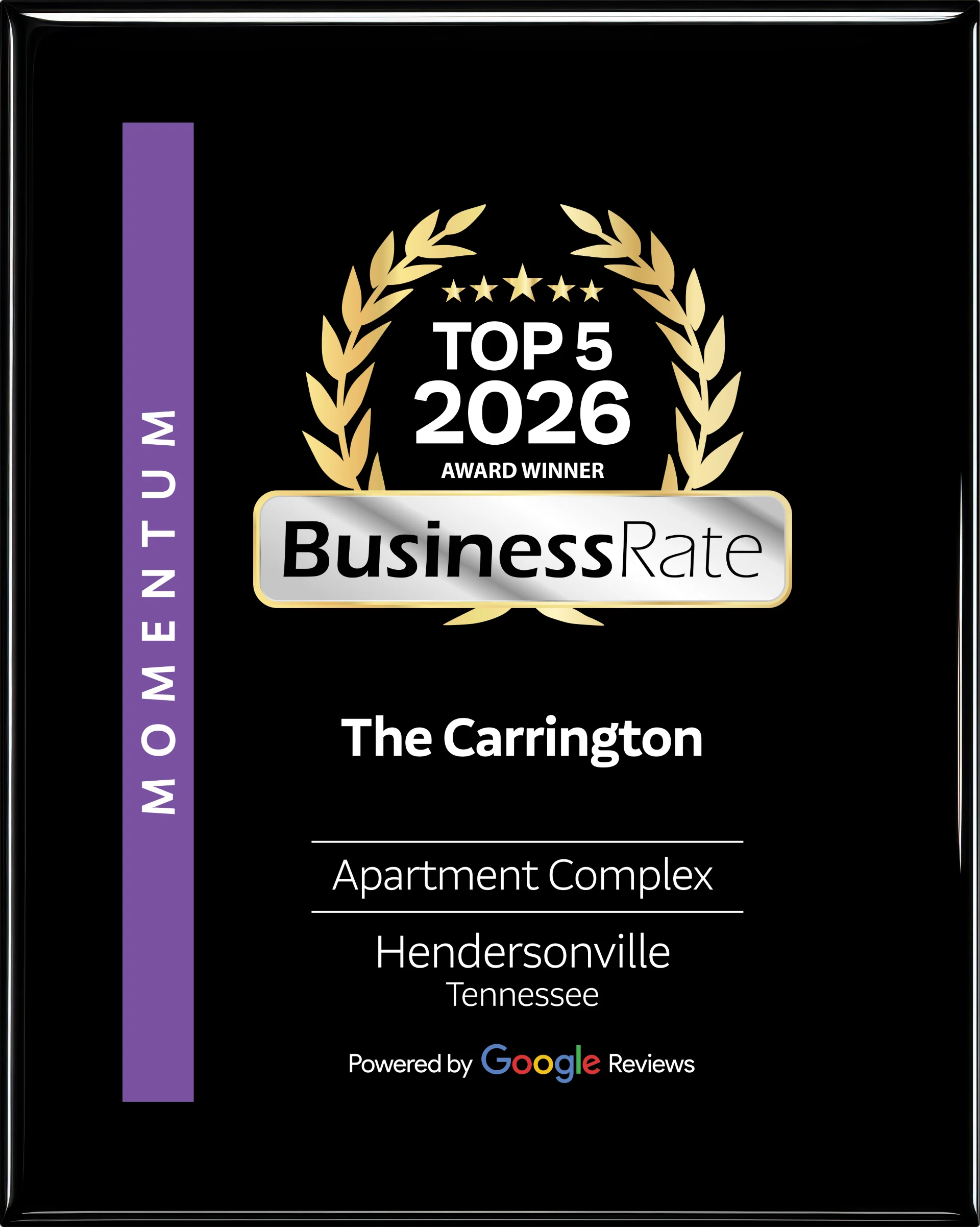 Award plaque featuring text that reads 'TOP 5 2026 Award Winner BusinessRate The Carrington Apartment Complex Hendersonville Tennessee'.