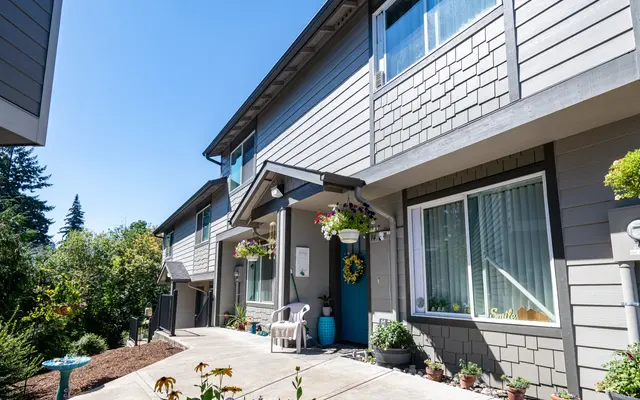 Exterior view of a modern townhouse with a clear blue sky, featuring a pathway and plants.
