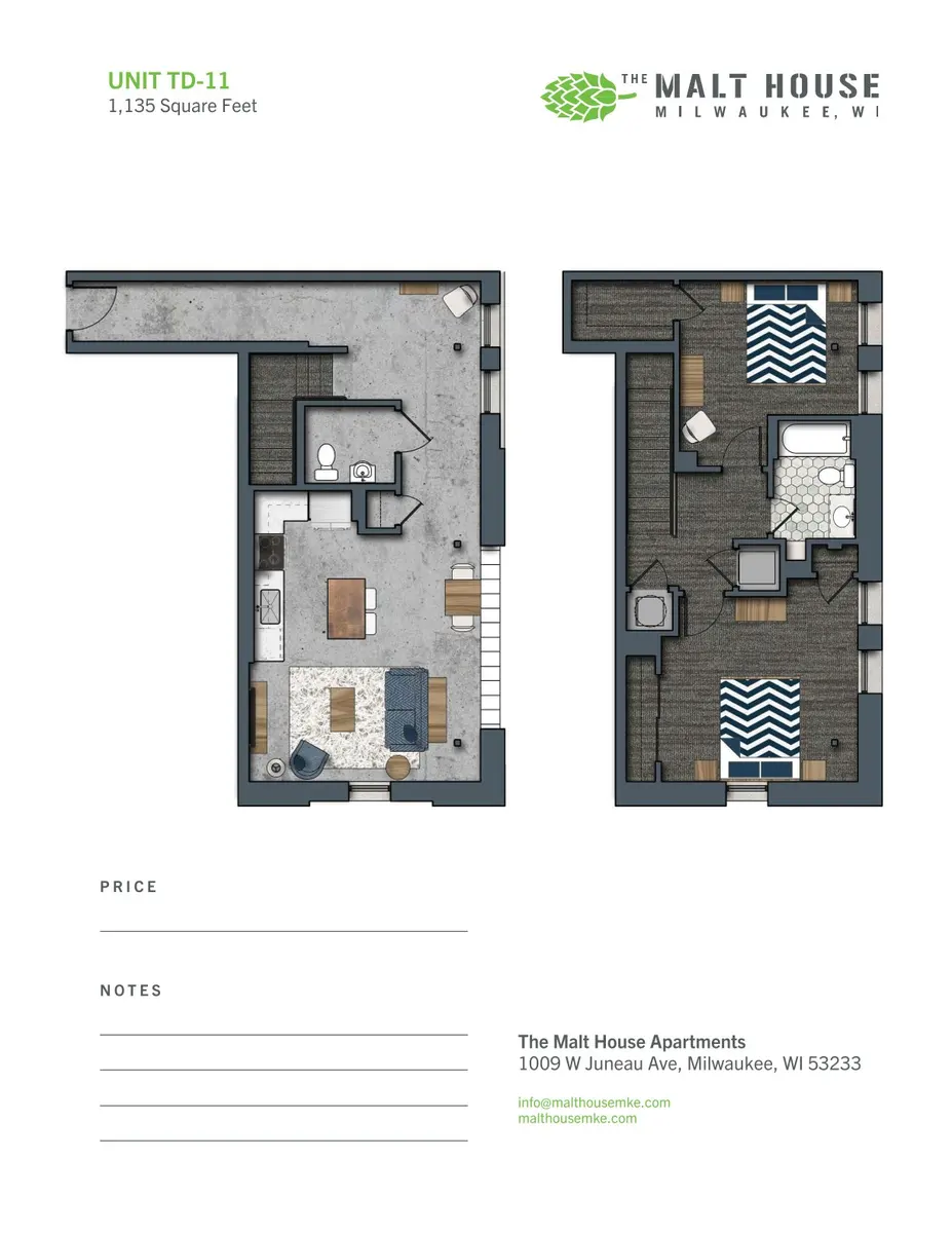 Floor plan of a two-level apartment unit TD-11 in The Malt House Apartments, Milwaukee, WI.