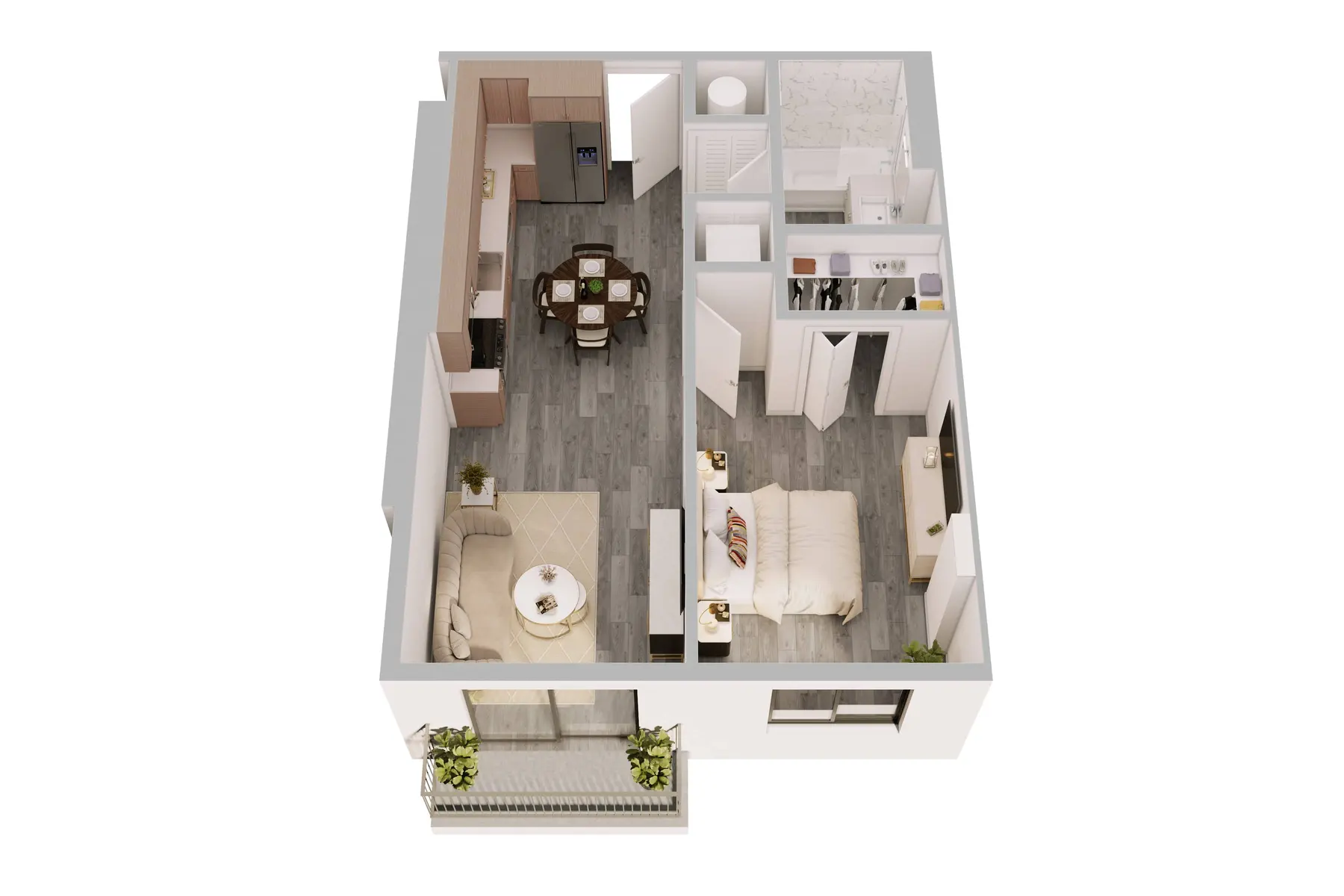 A 3D floor plan of a one-bedroom apartment featuring a living area, dining area, kitchen, bedroom, and bathroom.