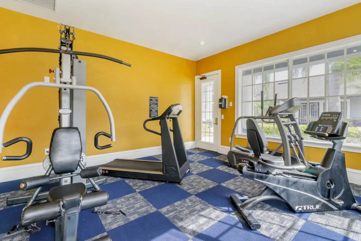 Modern Gym Interior Interior view of a gym with exercise equipment including a multi-station machine, a treadmill, and an elliptical machine against a bright yellow wall.