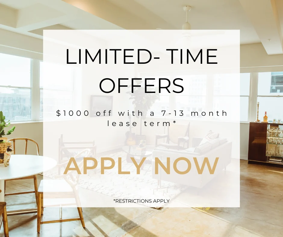 Limited-Time Leasing Offers Promotional offer featuring text about limited-time offers for leasing with a $1000 discount. Modern living space visible.