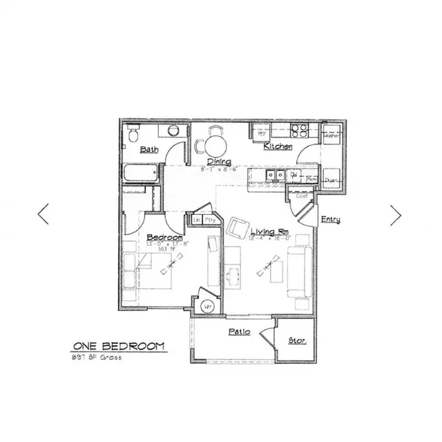 Architectural layout of a one-bedroom apartment featuring a living room, kitchen, dining area, bedroom, and patio.