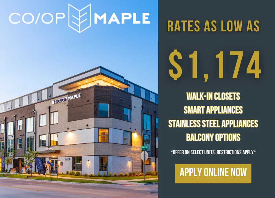 A modern apartment building with the text 'CO/OP MAPLE' and promotional details about rental rates, features, and an online application.