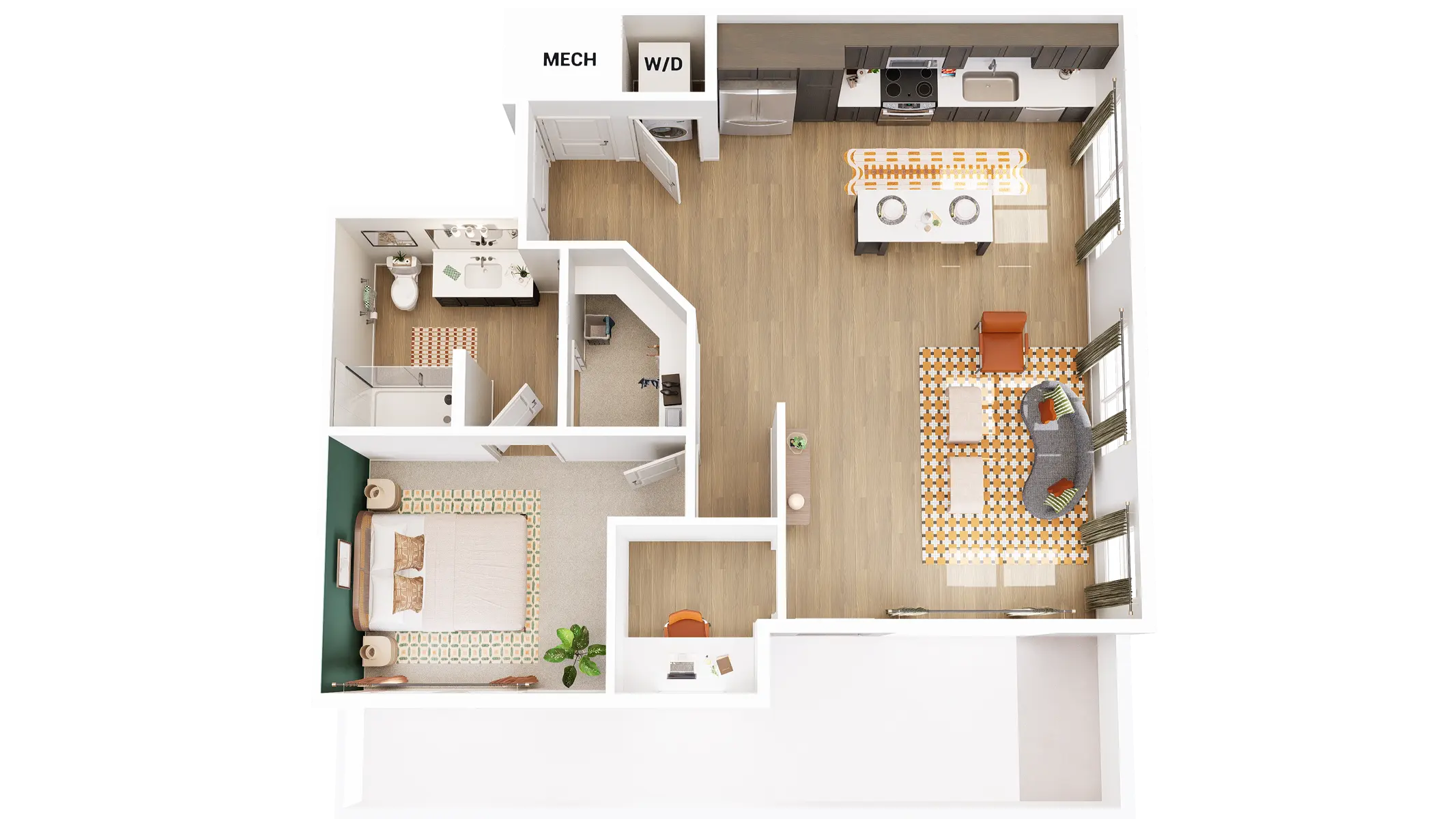 A top-down layout of a studio apartment featuring a living area with a sofa, dining space with a table, a kitchenette, and a bedroom section with a bed. There are also designated areas labeled 'MECH' and 'W/D'.