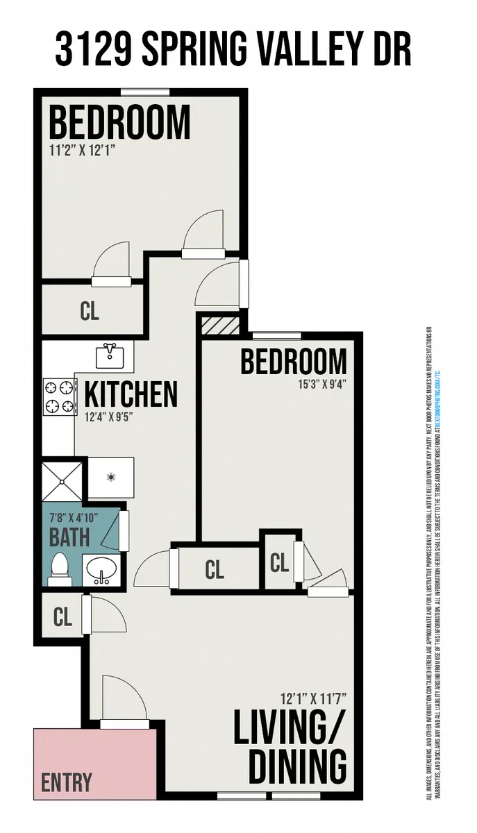 Floor plan of a residential unit at 3129 Spring Valley Dr, featuring two bedrooms, a kitchen, a bath, and a living/dining area.
