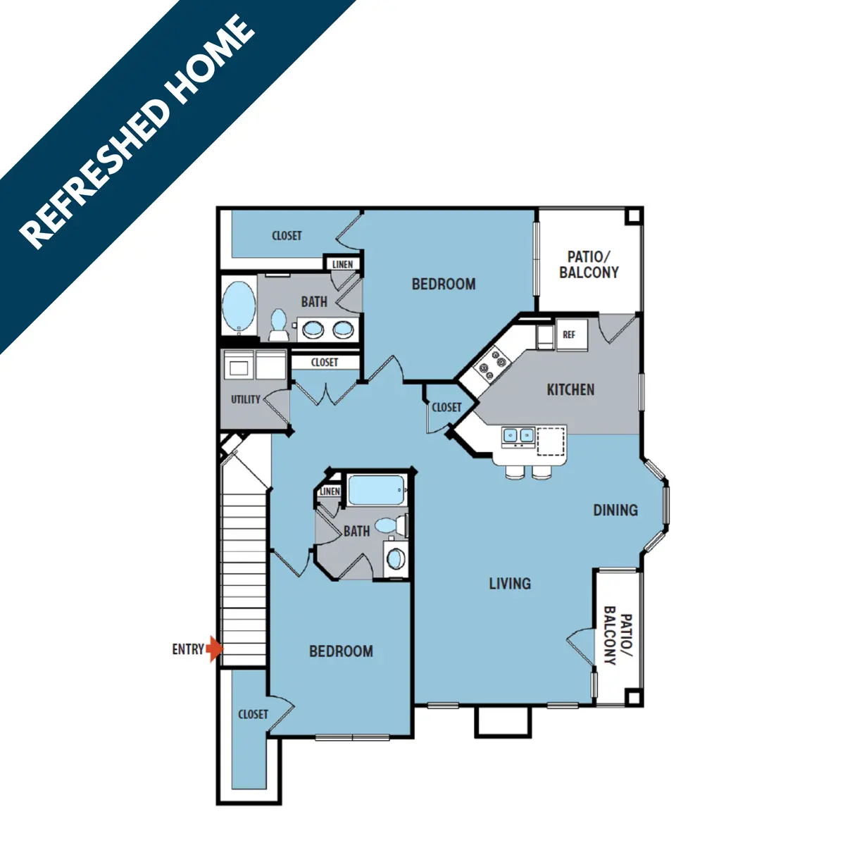 A detailed floor plan of a refreshed home layout with labeled rooms including living room, dining area, kitchen, bedrooms, bathrooms, and patios/balconies.