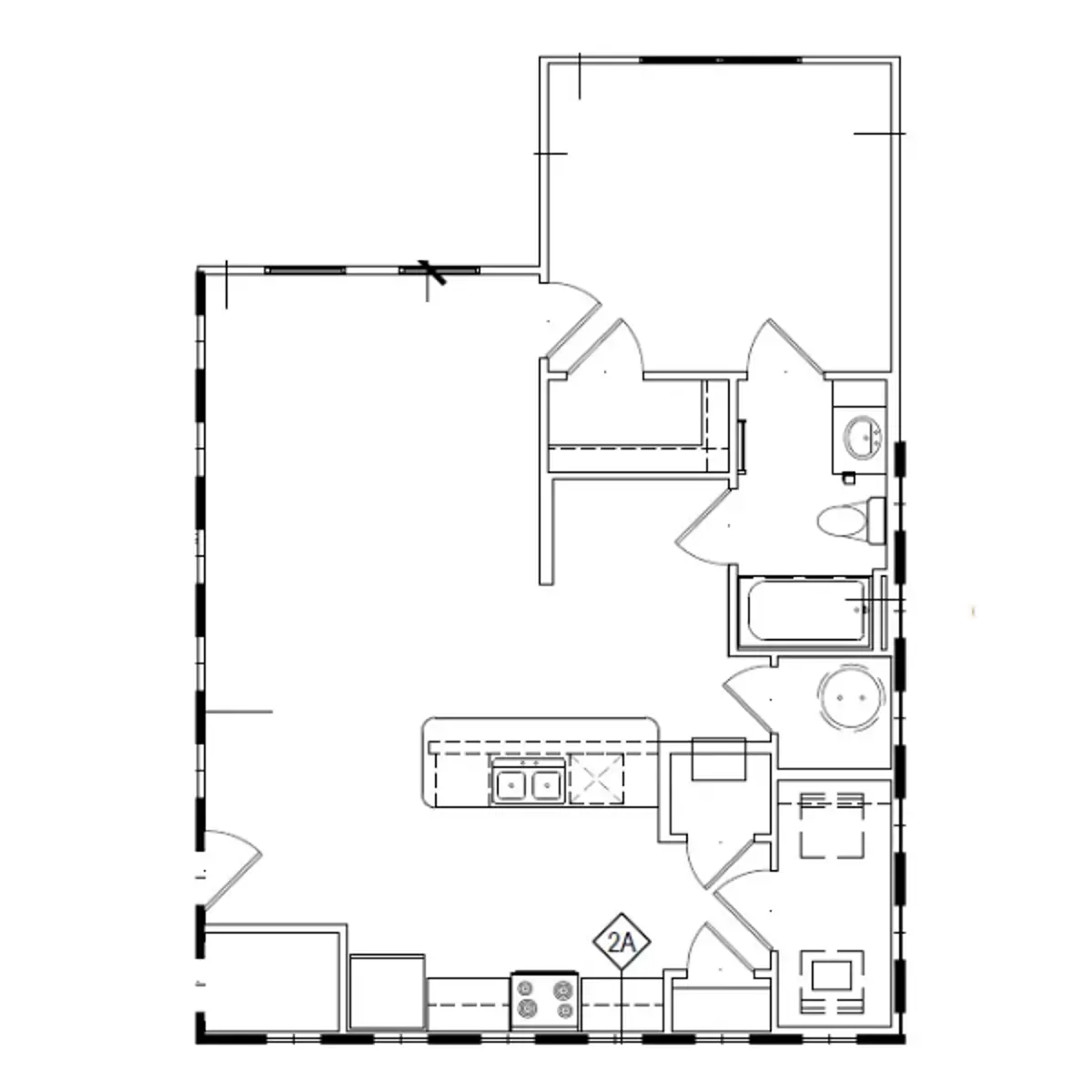 A layout of a 1-bedroom apartment floor plan featuring a kitchen, living area, bathroom, and bedroom.