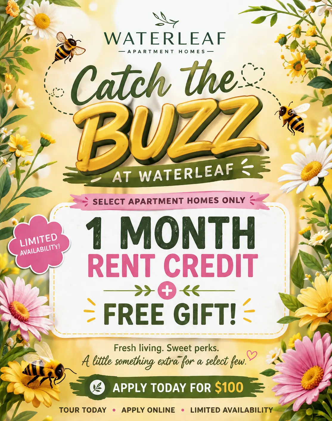 Promotional flyer for Waterleaf Apartment Homes featuring flowers, bees, and rental offer details.