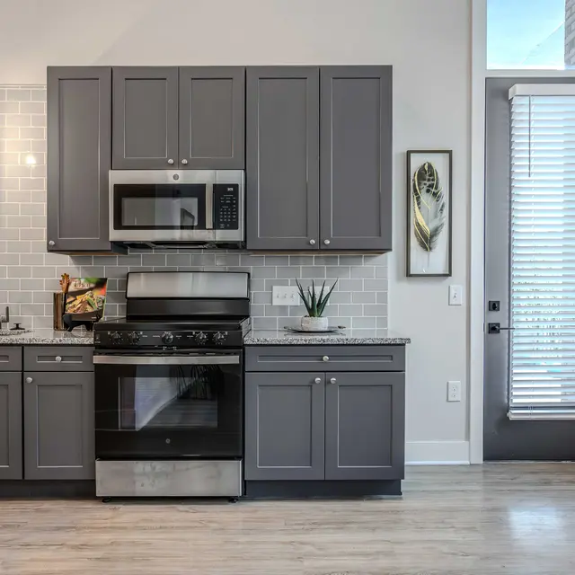 Contemporary Kitchen Design A modern kitchen featuring grey cabinets, stainless steel appliances, and a light wood floor. There are decorative items including a plant and art on the wall. A door with blinds is visible on the right.