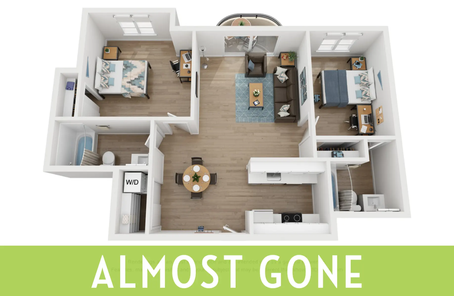 3D floor plan of an apartment with two bedrooms, living area, kitchen, and dining space, labeled 'Almost Gone' at the bottom.