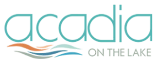 Logo of Acadia on the Lake featuring stylized text and wave graphic elements.