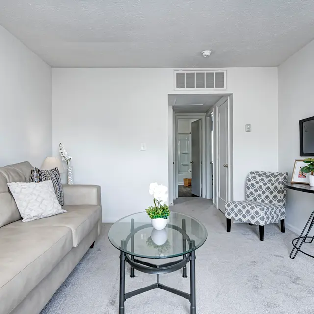 A cozy living room featuring a light beige sofa with decorative pillows, a glass coffee table, a small chair, and a television mounted on the wall. The walls are painted white, and there is a mirror on the left side. A plant is placed on the side table next to the chair, and the floor is covered with carpet.