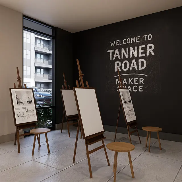 Tanner Road Maker Space Interior Interior view of a maker space with easels and a welcome sign on the wall.