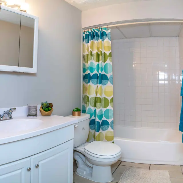 A modern bathroom featuring a white vanity with a mirror, a toilet, and a bathtub with a colorful shower curtain. The room has a light gray wall and decorative items on the counter.