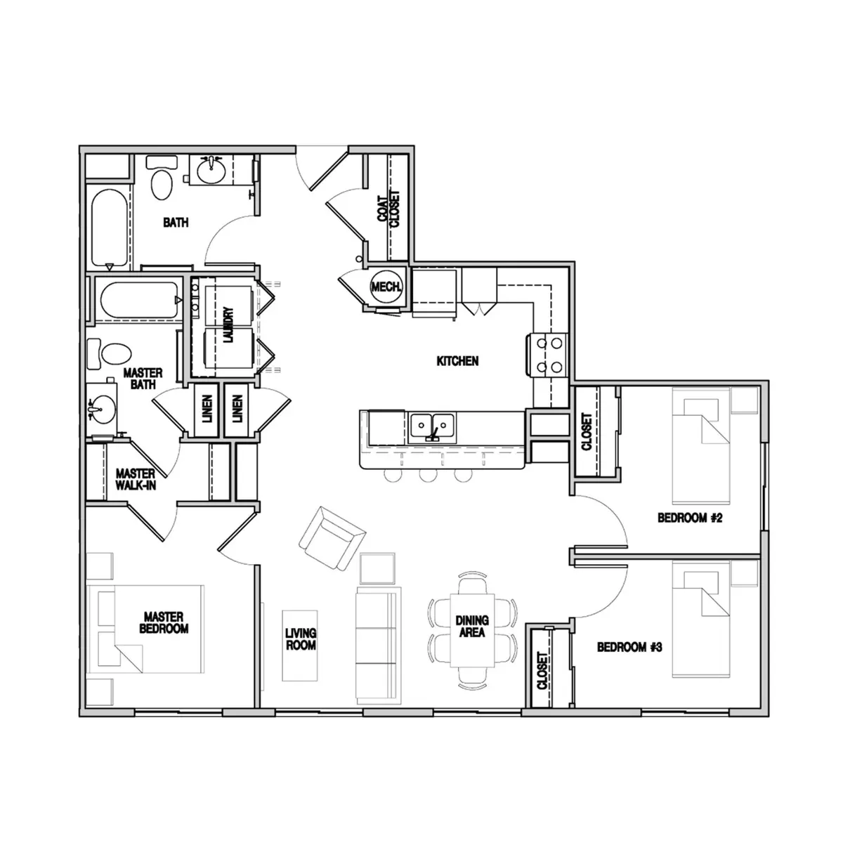 A detailed floor plan layout of a house, showing different rooms including a kitchen, living room, dining area, and three bedrooms. The master bedroom has an attached bath and walk-in closet.