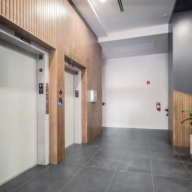 A modern hallway featuring two elevators with wooden paneling on the walls, gray tiles on the floor, a potted plant to the side, and fire safety equipment visible.