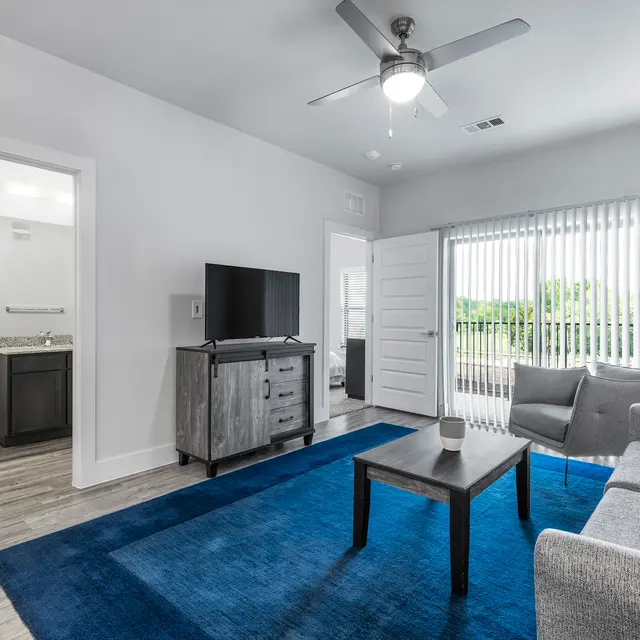 A modern living room featuring a gray sofa, a black table, and dark wood furnishings, with a ceiling fan and large windows with blinds. A bathroom is visible through an open door, and there is a television on a stand.