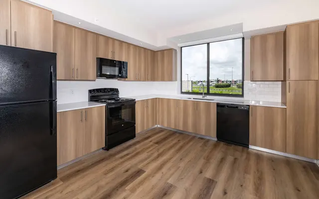 A modern kitchen featuring light wood cabinetry, black appliances, a window letting in natural light, and a contemporary design.