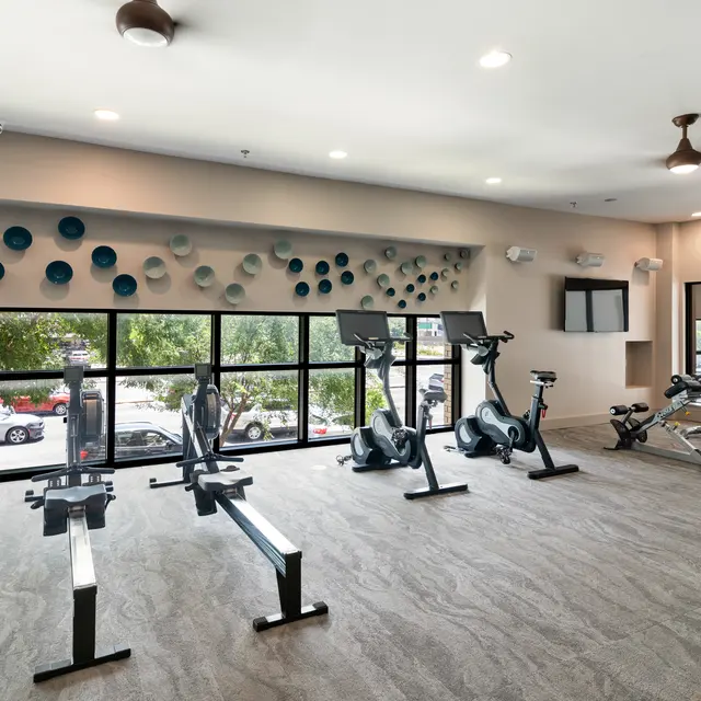 A modern gym interior featuring exercise equipment with large windows overlooking an outdoor view.