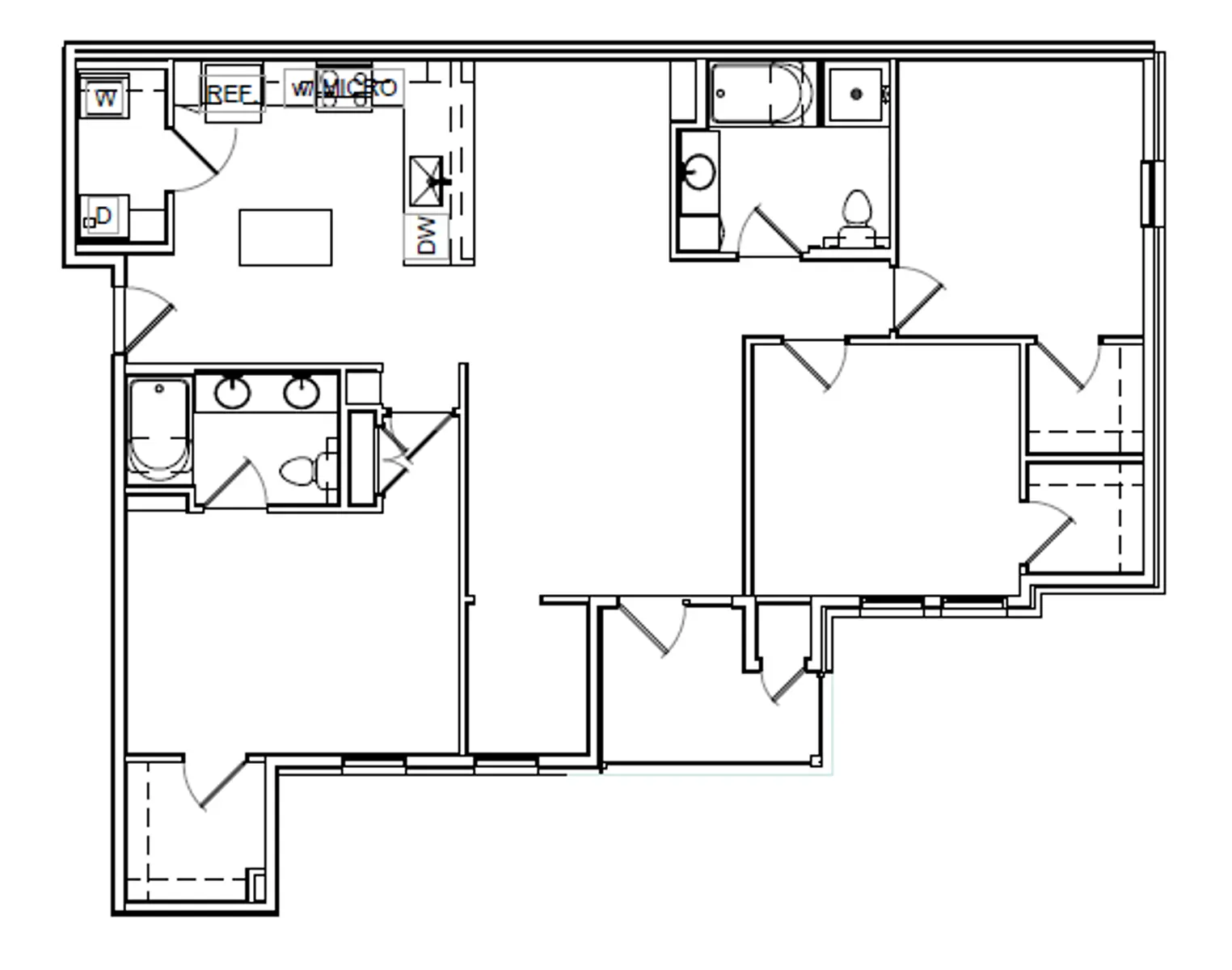 Apartment Floor Plan A black and white floor plan of an apartment showing various rooms and layout including a kitchen, bathrooms, and living areas.
