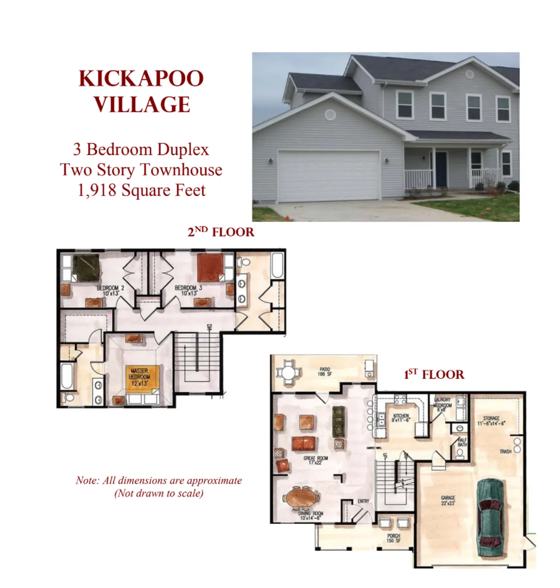 A promotional image for Kickapoo Village featuring a 3-bedroom duplex townhouse. The image includes a photo of the townhouse alongside a floor plan for both the first and second floors. Dimensions are noted as approximate.