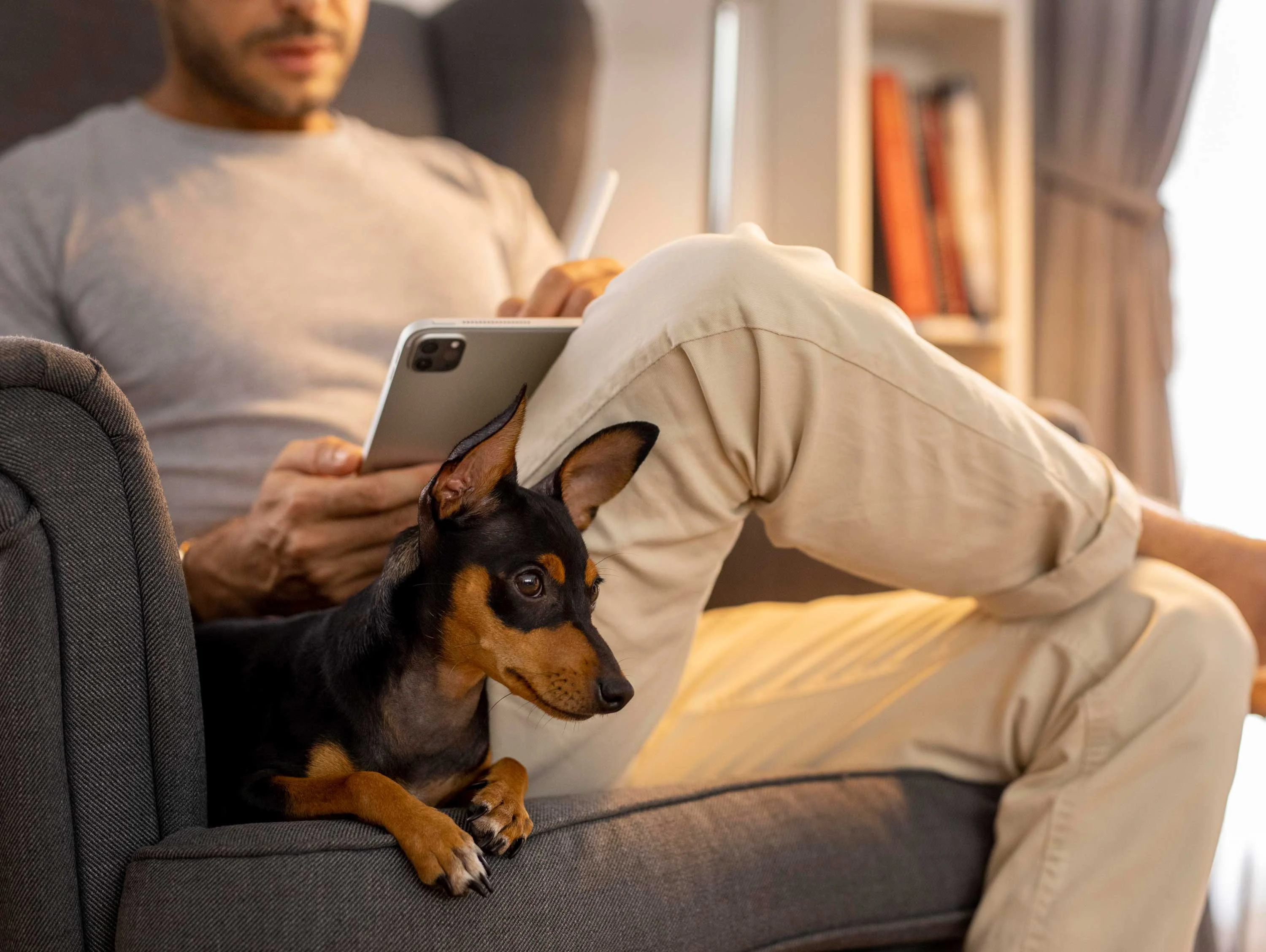 A man sitting in a cozy chair, using a tablet, with a small dog resting beside him.