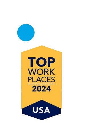 Logo for USA Today Top Workplaces 2024 award featuring a blue dot above a banner that states 'Top Workplaces 2024' and 'USA' at the bottom.