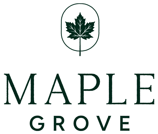 Logo for Maple Grove featuring a stylized maple leaf above the text 'MAPLE GROVE'