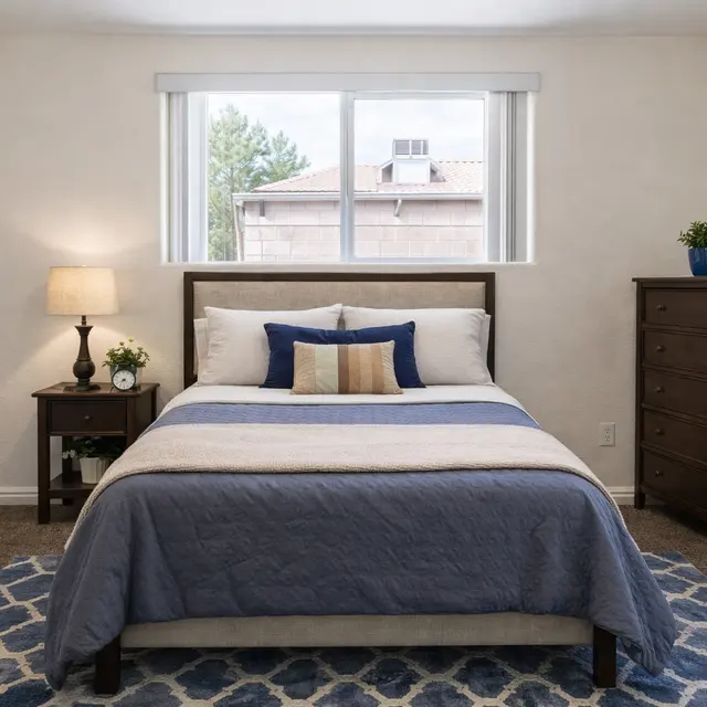 A cozy bedroom featuring a bed with blue accents, a bedside table with a lamp, and a dresser. Large windows allow natural light to illuminate the space.