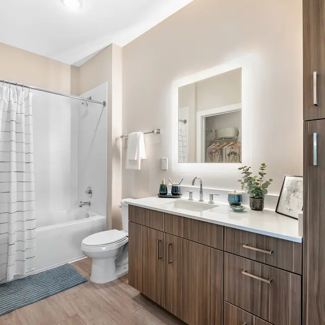Stylish Modern Bathroom A modern bathroom featuring a shower-tub combination with a white curtain, a wooden vanity with a sink, and a large mirror above the sink.