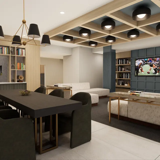 A modern living room featuring a dining area with a black table, dark chairs, a cozy seating area, bookshelves, and a television.