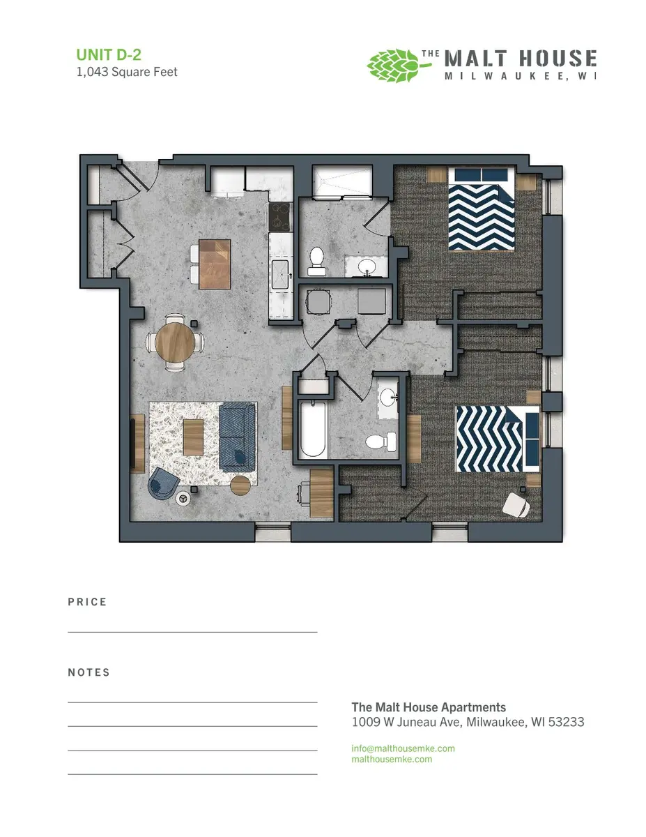 Floor plan of a two-bedroom apartment layout with living room, kitchen, and bathroom areas labeled as Unit D-2, 1,043 square feet, The Malt House Apartments, Milwaukee, WI.