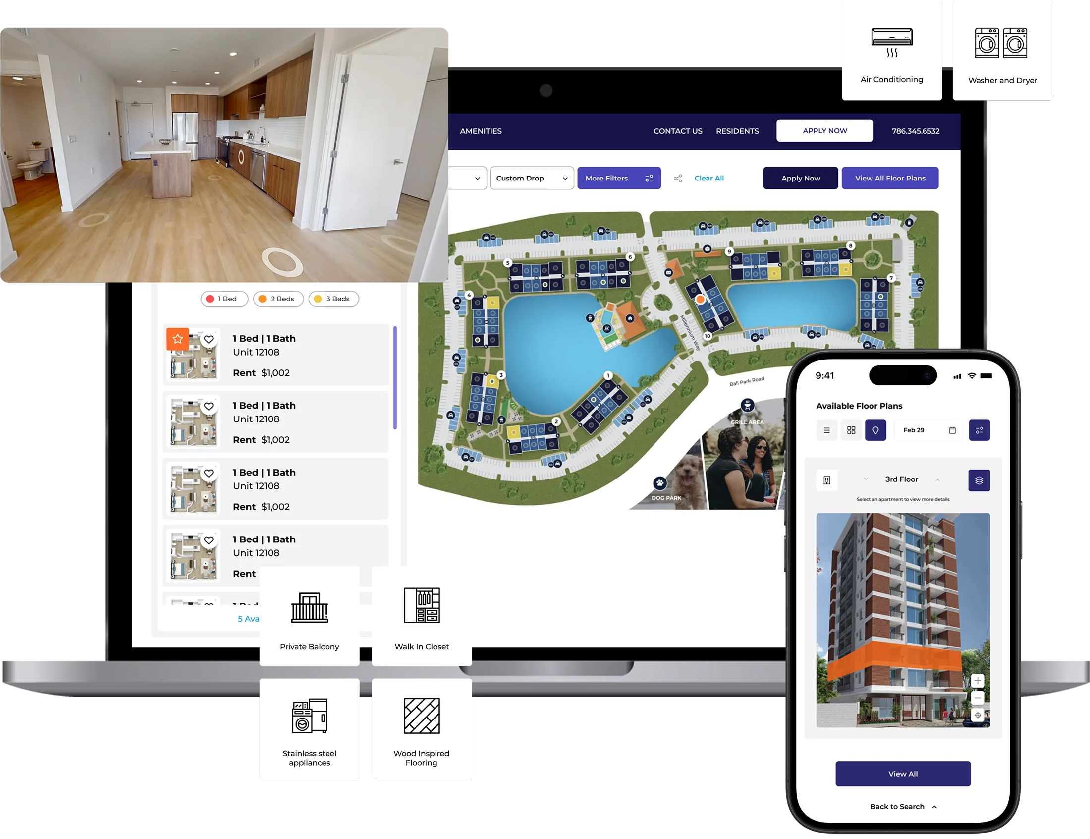 Apartment Rental Platform A computer screen and a mobile phone displaying a rental apartment website. The screen shows an interior photo of a kitchen, a layout map of the apartment complex, and amenities. The phone displays an exterior image of the building with available units.