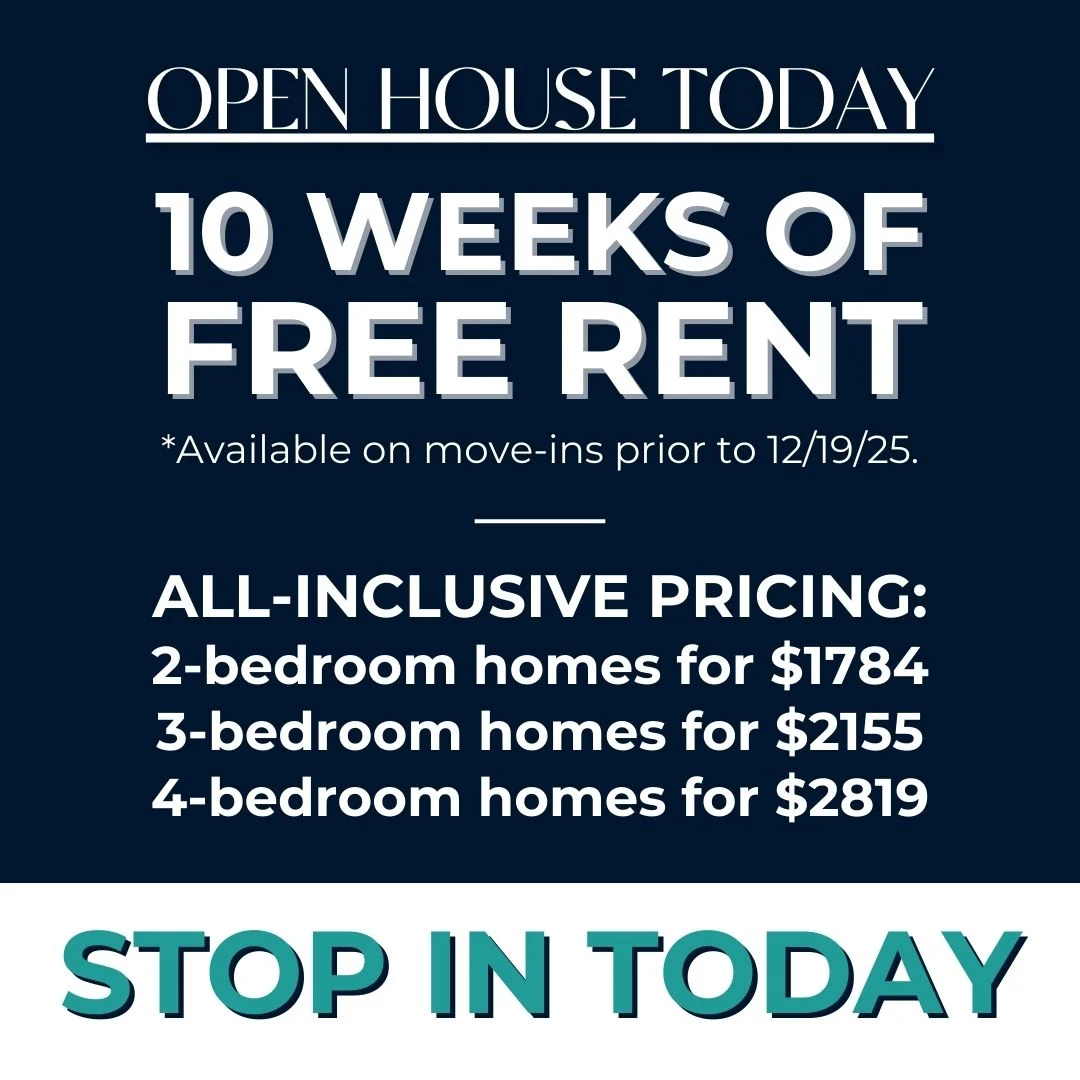 Promotional flyer for an open house event offering ten weeks of free rent.