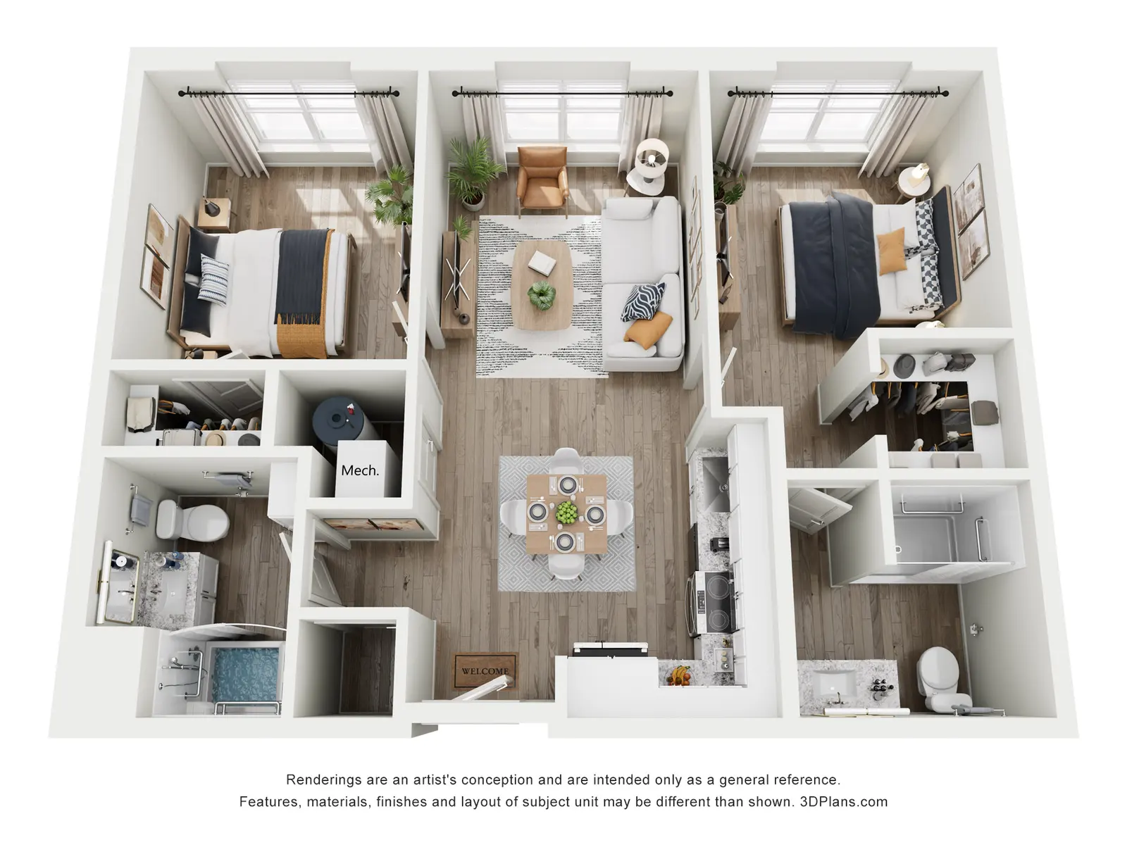 An overhead view of a modern apartment layout featuring two bedrooms, a living area, dining area, kitchen, and bathroom.