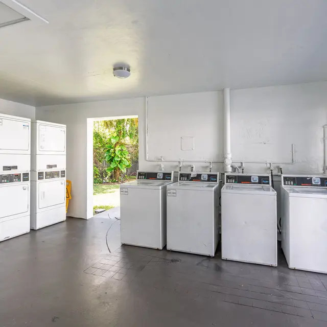 A clean, well-lit laundry room featuring several washing machines and dryers. The flooring is dark and there is a door leading to an outdoor area with greenery visible. The walls are painted in a light color, enhancing the brightness of the room.