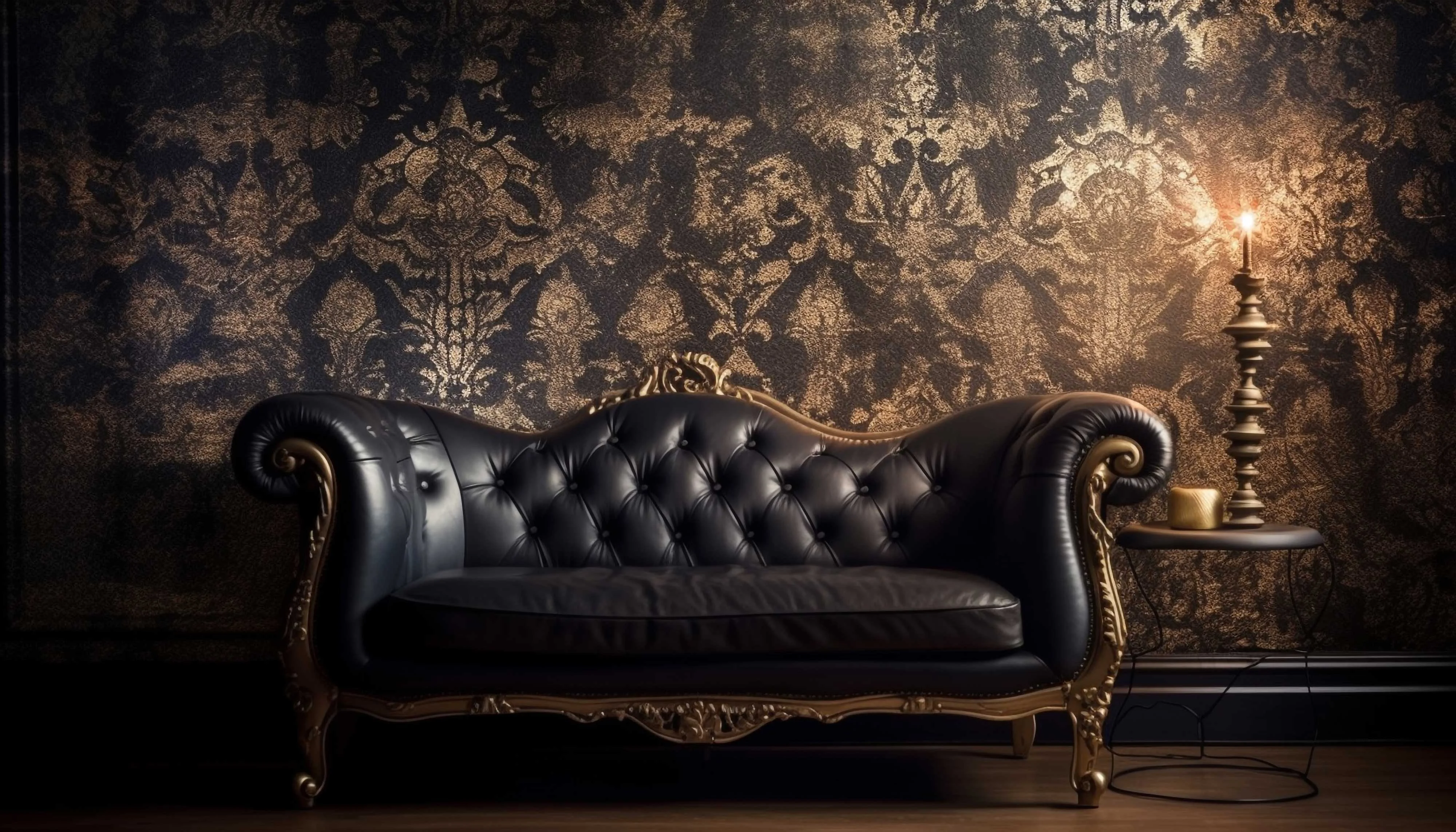 A luxurious black leather sofa with golden accents next to a small side table and a candle, against a textured gold wallpaper background.