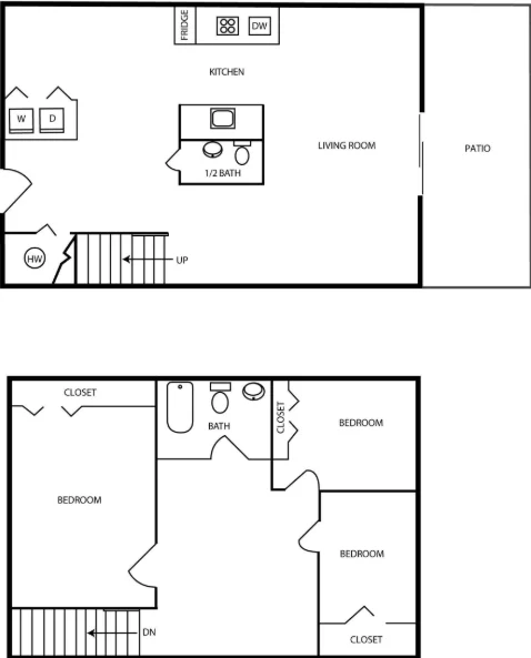 A simple floor plan of a two-story house showing the layout of rooms and stairs.