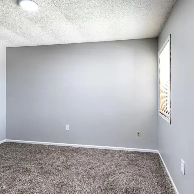 Empty Room Interior A vacant room with gray walls and carpet flooring, featuring a small window with blinds and a ceiling light.